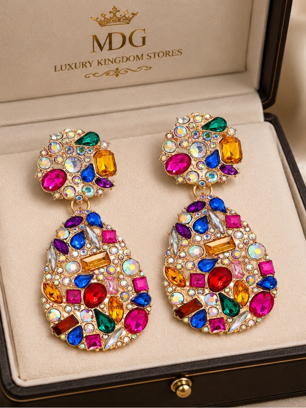 MDG Gold-Tone Multicolor Crystal Drop Earrings for Women
